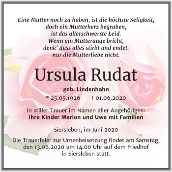 Traueranzeige von Ursula Rudat von Wochenspiegel Mansfelder Land