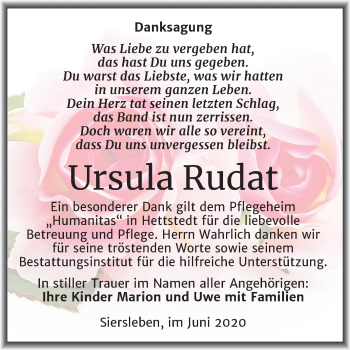 Traueranzeige von Ursula Rudat von Wochenspiegel Mansfelder Land