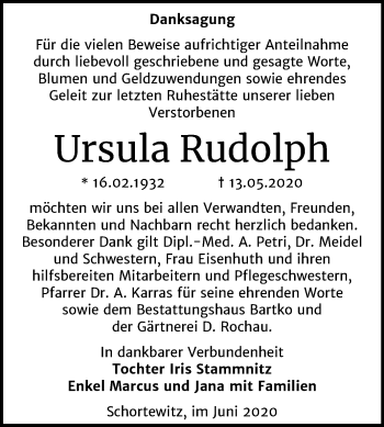 Traueranzeige von Ursula Rudolph von Mitteldeutsche Zeitung Köthen