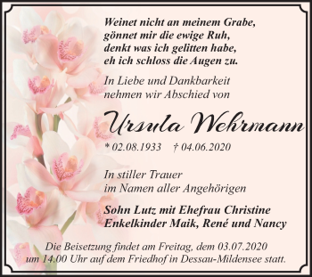 Traueranzeige von Ursula Wehrmann von Super Sonntag Dessau-Roßlau