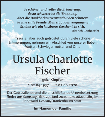 Traueranzeige von Ursula Charlotte Fischer von Mitteldeutsche Zeitung Dessau-Roßlau
