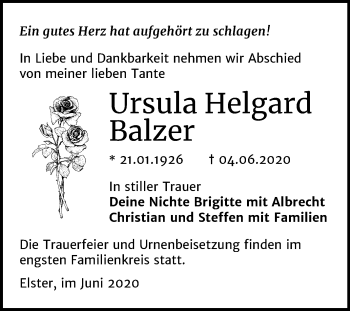 Traueranzeige von Ursula Helgard Balzer von Super Sonntag Wittenberg