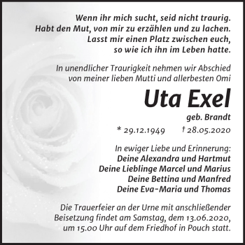 Traueranzeige von Uta Exel von Mitteldeutsche Zeitung Bitterfeld