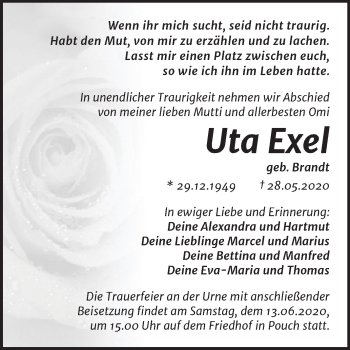 Traueranzeige von Uta Exel von Wochenspiegel Bitterfeld