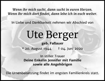 Traueranzeige von Ute Berger von Wochenspiegel Bitterfeld