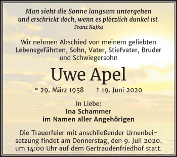 Traueranzeige von Uwe Apel von Mitteldeutsche Zeitung Halle/Saalkreis