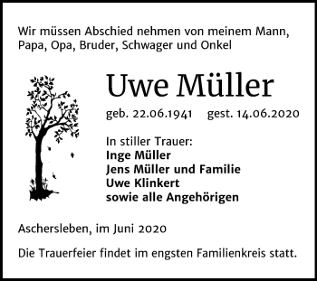 Traueranzeige von Uwe Müller von Super Sonntag Aschersleben