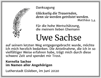 Traueranzeige von Uwe Sachse von Mitteldeutsche Zeitung Mansfelder Land