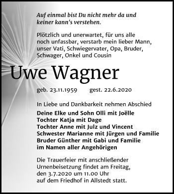 Traueranzeige von Uwe Wagner von Super Sonntag Sangerhausen
