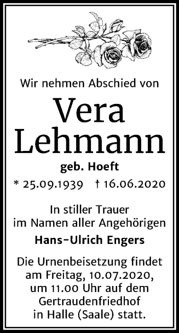 Traueranzeige von Vera Lehmann von Mitteldeutsche Zeitung Halle/Saalkreis