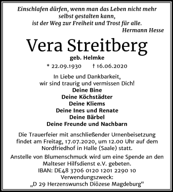 Traueranzeige von Vera Streitberg von Mitteldeutsche Zeitung Halle/Saalkreis