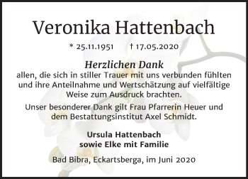 Traueranzeige von Veronika Hattenbach von Wochenspiegel Naumburg/Nebra