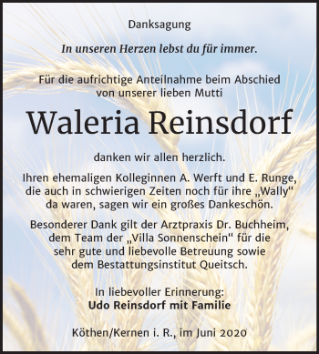 Traueranzeige von Waleria Reinsdorf von Super Sonntag Köthen