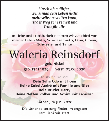 Traueranzeige von Waleria Reinsdorf von Super Sonntag Köthen