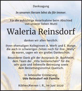 Traueranzeige von Waleria Reinsdorf von Mitteldeutsche Zeitung Köthen