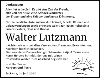 Traueranzeige von Walter Lutzmann von Super Sonntag Wittenberg