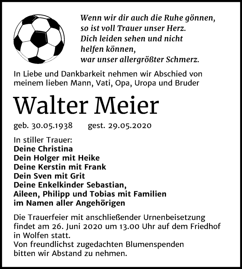  Traueranzeige für Walter Meier vom 17.06.2020 aus Wochenspiegel Bitterfeld