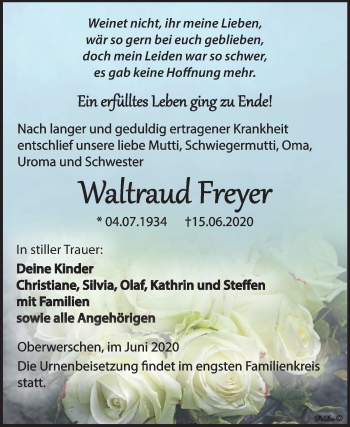 Traueranzeige von Waltraud Freyer von Wochenspiegel Weißenfels
