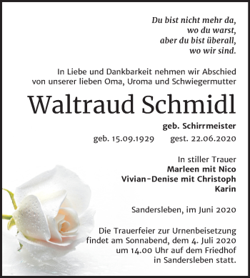 Traueranzeige von Waltraud Schmidl von Super Sonntag Mansfelder Land