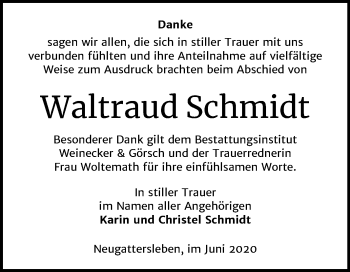 Traueranzeige von Waltraud Schmidt von Super Sonntag Bernburg