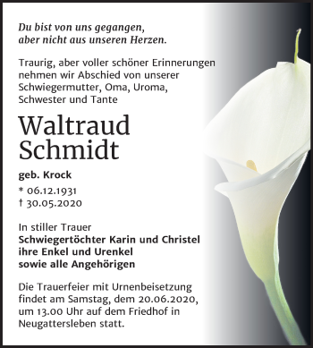 Traueranzeige von Waltraud Schmidt von Super Sonntag Bernburg