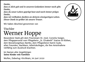 Traueranzeige von Werner Hoppe von Mitteldeutsche Zeitung Köthen