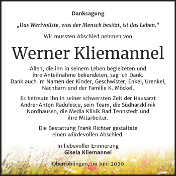 Traueranzeige von Werner Kliemannel von Super Sonntag Sangerhausen