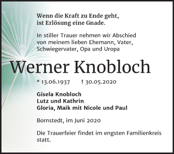 Traueranzeige von Werner Knobloch von Mitteldeutsche Zeitung Mansfelder Land