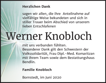 Traueranzeige von Werner Knobloch von Super Sonntag Mansfelder Land