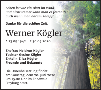 Traueranzeige von Werner Kögler von Super Sonntag Merseburg/Querfurt