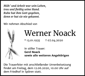 Traueranzeige von Werner Noack von Wochenspiegel Bitterfeld