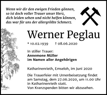 Traueranzeige von Werner Peglau von Mitteldeutsche Zeitung Sangerhausen