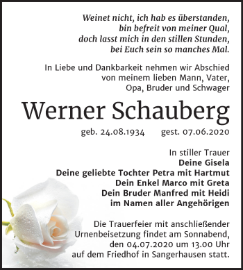 Traueranzeige von Werner Schauberg von Super Sonntag Sangerhausen