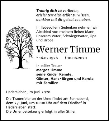 Traueranzeige von Werner Timme von Mitteldeutsche Zeitung Quedlinburg