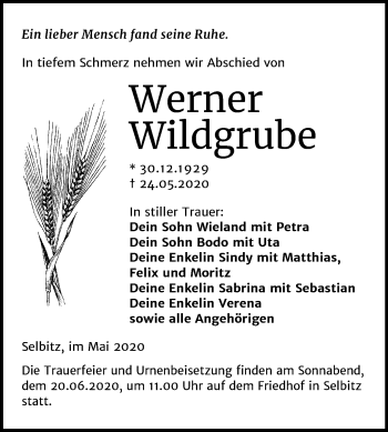 Traueranzeige von Werner Wildgrube von Super Sonntag Wittenberg