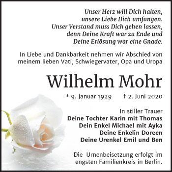 Traueranzeige von Wilhelm Mohr von Mitteldeutsche Zeitung Bitterfeld