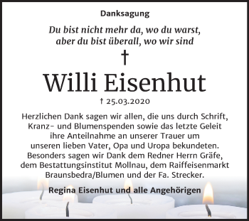 Traueranzeige von Willi Eisenhut von Mitteldeutsche Zeitung Merseburg/Querfurt