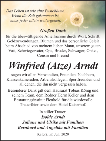 Traueranzeige von Winfried Arndt von Mitteldeutsche Zeitung Sangerhausen