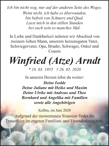 Traueranzeige von Winfried  Arndt von Mitteldeutsche Zeitung Sangerhausen
