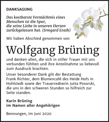 Traueranzeige von Wolfgang Brüning von Super Sonntag Sangerhausen