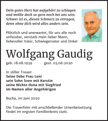 Traueranzeige von Wolfgang Gaudig von Wochenspiegel Naumburg/Nebra