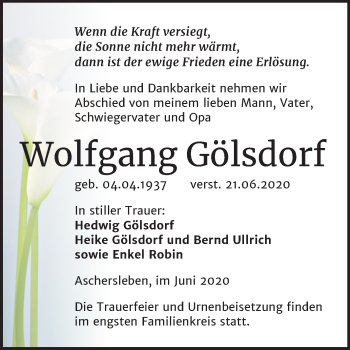 Traueranzeige von Wolfgang Gölsdorf von Super Sonntag Aschersleben