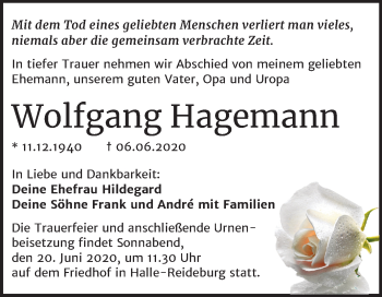 Traueranzeige von Wolfgang Hagemann von Mitteldeutsche Zeitung Halle/Saalkreis