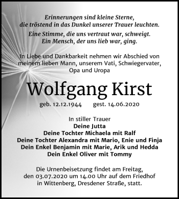 Traueranzeige von Wolfgang Kirst von Mitteldeutsche Zeitung Wittenberg