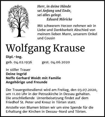 Traueranzeige von Wolfgang Krause von Mitteldeutsche Zeitung Dessau-Roßlau