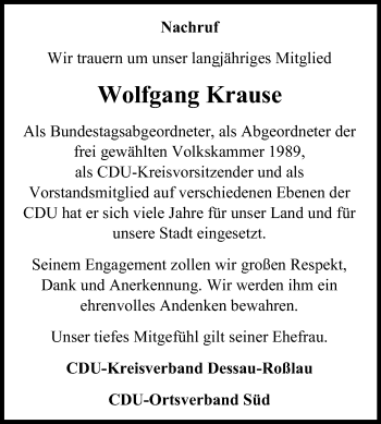 Traueranzeige von Wolfgang Krause von Super Sonntag Dessau-Roßlau