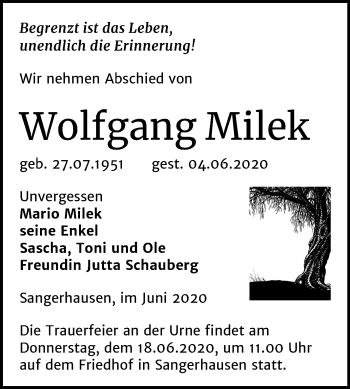 Traueranzeige von Wolfgang Milek von Mitteldeutsche Zeitung Sangerhausen