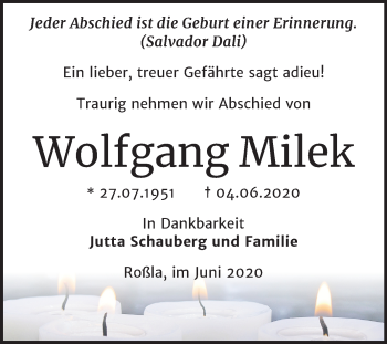 Traueranzeige von Wolfgang Milek von Mitteldeutsche Zeitung Sangerhausen