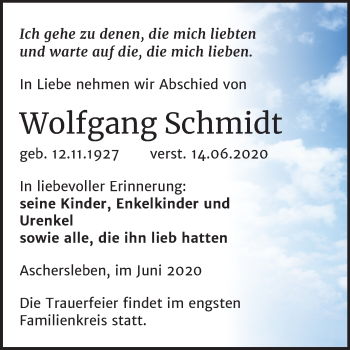 Traueranzeige von Wolfgang Schmidt von Mitteldeutsche Zeitung Aschersleben