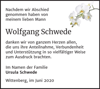 Traueranzeige von Wolfgang Schwede von Super Sonntag Wittenberg